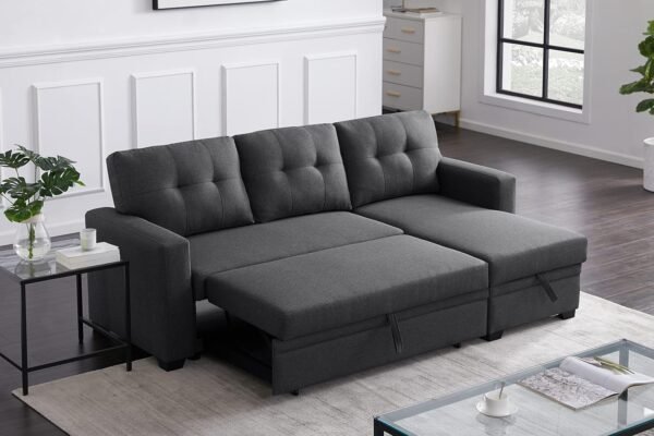 RITSU Button Tufted Sectional L-Shape Pull Up Convertible Sleeper Sofa Bed with Storage Chaise for Living Room, Small Apartment, Dorm, 82 Inch, A6-Dark Gray - Image 2