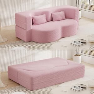 Folding Sofa Bed,15″ Full Size Folding Mattress for Living Room,Convertible Teddy Fabric Foam-Filled Pocket Spring Sleeper Sofa Bed (Pink)