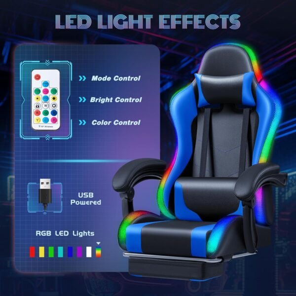Furmax Gaming Chair with RGB LED Lights, Video Game Chair with Footrest and Massage Lumbar Support, High Back Reclining Computer Chair with Headrest, Swivel Seat Gamer Chair (LED Blue) - Image 4