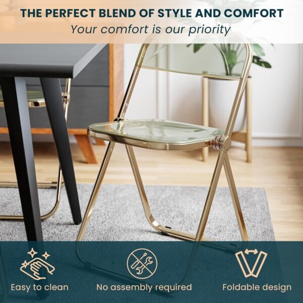 LeisureMod Lawrence Modern Transparent Acrylic Folding Chair with Gold Metal Frame Set of 2 (Amber) - Image 2
