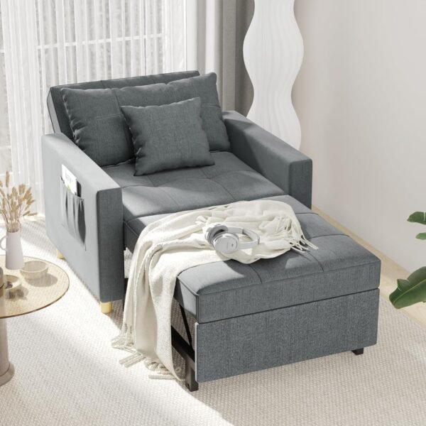 Esright Sleeper Chair Bed, 3-in-1 Convertible Sofa Chair Adjustable Backrest with 2 Throw Pillow, Pull Out Sofa Bed Couch for Living Room, Bedroom, Office Room, Dark Grey - Image 5