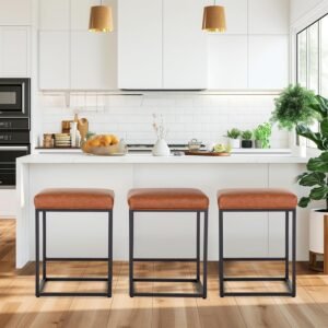 MAISON ARTS Counter Height Bar Stools Set of 3 for Kitchen Counter 24 Inch Backless Modern Barstools Industrial Upholstered Faux Leather Stools Farmhouse Island Chairs, Brown