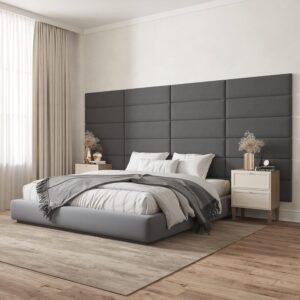 BELLEZE Upholstered Linen Headboards, Wall Mounted Accent Panels, Queen, Twin, or Single Headboards – Pack of 4 Panels, Grey (Each Individual Panel 38″ x 11.5″)