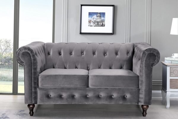 Teressa Velvet Chesterfield Loveseat Sofa for Living Room, Apartment or Office, Two-Seater Mid Century Modern Couch for Small Spaces, 61" W, Gray