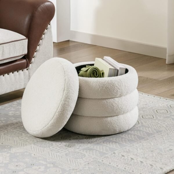 Round Boucle Ottoman with Storage for Dorm, Upholstered Storage Ottoman with Soft Padded Seat, Large Circle Ottoman with Removable Lid, Dorm Decor for College, Living Room, Bedroom, Off White - Image 6