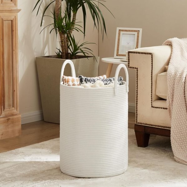 White Woven Rope Laundry Basket by TECHMILLY, 58L Baby Nursery Hamper for Clothes Blanket Storage, Large Tall Laundry Hamper for College Dorm, Bedroom, Living Room - Image 3