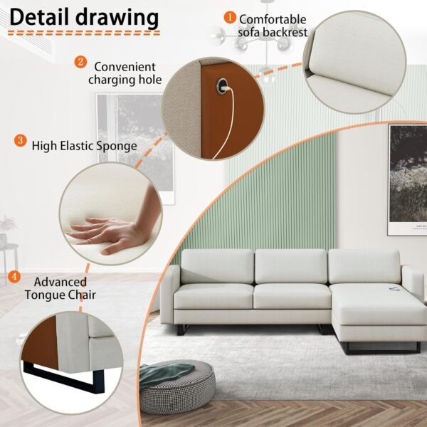 KYLE & KAY Modern Sectional Sofa, 3 Seat L Shaped Couch with Chaise Longue and USB, Upholstered Small Couch for Small Apartments, Living Room and Office, Off-White - Image 3