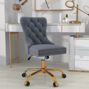 ABET Desk Chair with Wheels, Velvet Gold Office Chair Armless Swivel Chair with Tufted High Back Rivet Trim, Comfy Upholstered Ergonomic Computer Chair for Bedroom, Study, Reception Room Grey