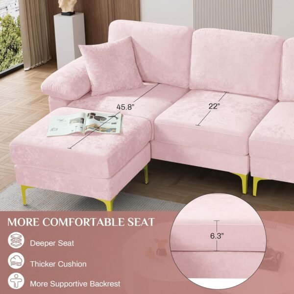 OUYESSIR L Shaped Sectional Sofa Couch, 3 Seat Velvet Sofa with Ottoman and Pillows, Upholstered Comfy Couch Sleeper for Living Room, Bedroom, 88 inches (Pink) - Image 6