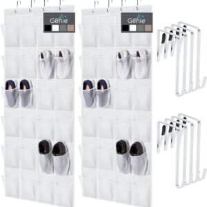 HOME GENIE 24 Pocket Strong Space Saving Over Door Shoe Organizer, Holds Up to 40 Pounds, Stay In Place Hooks Large Breathable Mesh Pocket Hanging Behind Closet Caddy Holder, Cabinet Rack 2 Pack White
