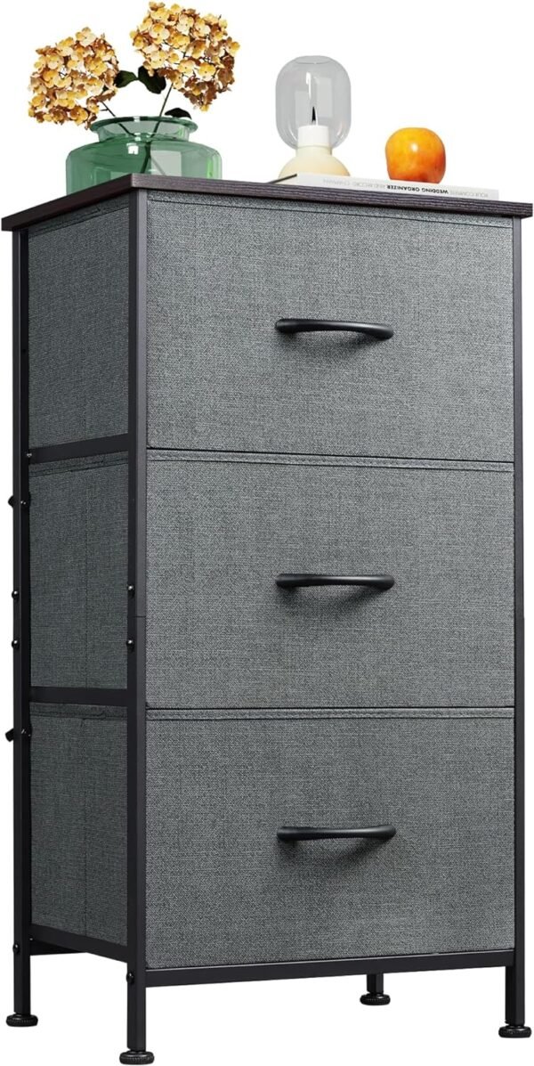WLIVE Dresser with 3 Drawers, Fabric Nightstand, Organizer Unit, Storage Dresser for Bedroom, Hallway, Entryway, Closets, Sturdy Steel Frame, Wood Top, Easy Pull Handle, Dark Grey