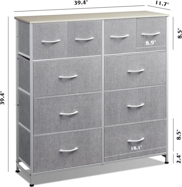 WLIVE Fabric Dresser for Bedroom, Dresser with 10 Drawers, Storage Tower with Fabric Bins, Double Dresser, Chest of Drawers for Closet, Living Room, Hallway, Light Grey - Image 3