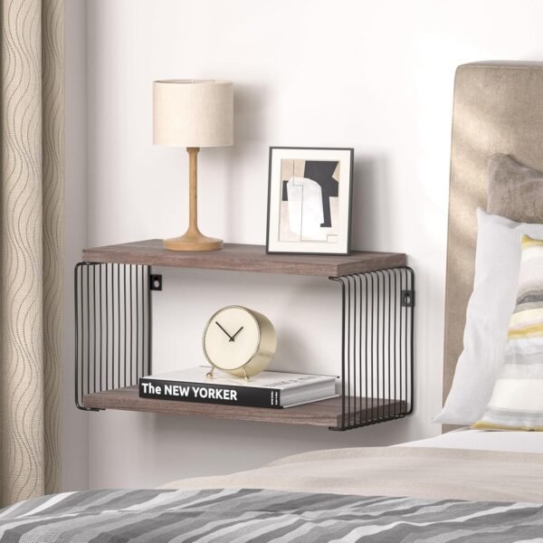 Adowes Floating Nightstand 2 Pack Metal Geometric Modern 2 Tier Nightstand for Wall Minimalist Floating Bedside Tables Bedroom Side Table Bedside Shelf Small Night Stand Weathered Walnut - Image 3