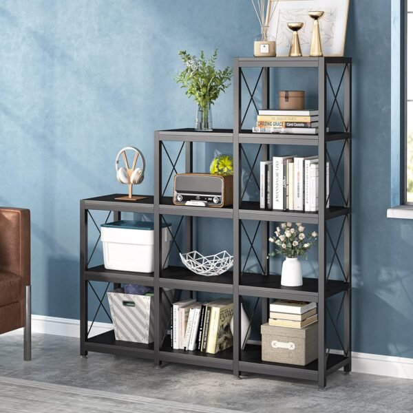 Tribesigns 12 Shelves Bookshelf, Industrial Ladder Corner Bookshelf 9 Cubes Stepped Etagere Bookcase, Rustic 5-Tier Display Shelf Storage Organizer for Home Office (Black) - Image 8