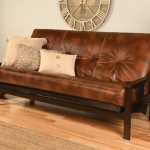 Kodiak Furniture Monterey Espresso Futon with Saddle Brown Faux Leather Mattress