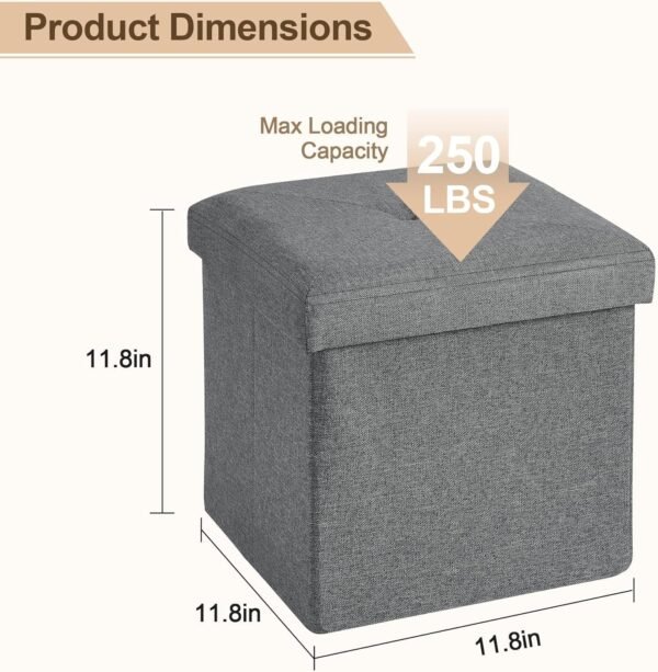 VECELO Storage Ottoman, 11.8'' Folding Footstools, Multipurpose Foot Rest Stool, Foldable Linen Fabric Ottomans, Small Square Ottoman Cube for Living Room/Bed Room/Dorm, Dark Grey - Image 3