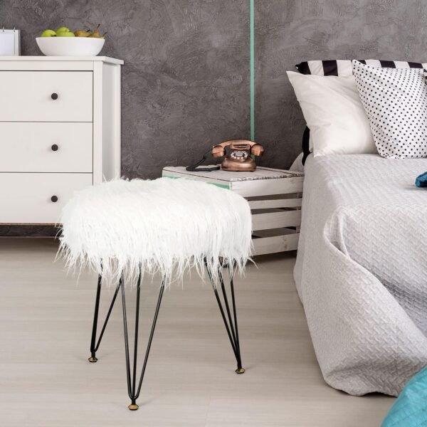 Asense Faux Fur Foot Rest Ottoman Soft Compact Padded Seating with Metal Legs Upholstered Decorative Furniture - Image 2