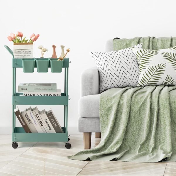 danpinera Storage Cart on Wheels, 3 Tier Bathroom Cart Organizer Slim Laundry Cart Narrow Shelf Cart with Wheels Dividers Hanging Cups Hooks Handle Easy Assembly, Green - Image 7