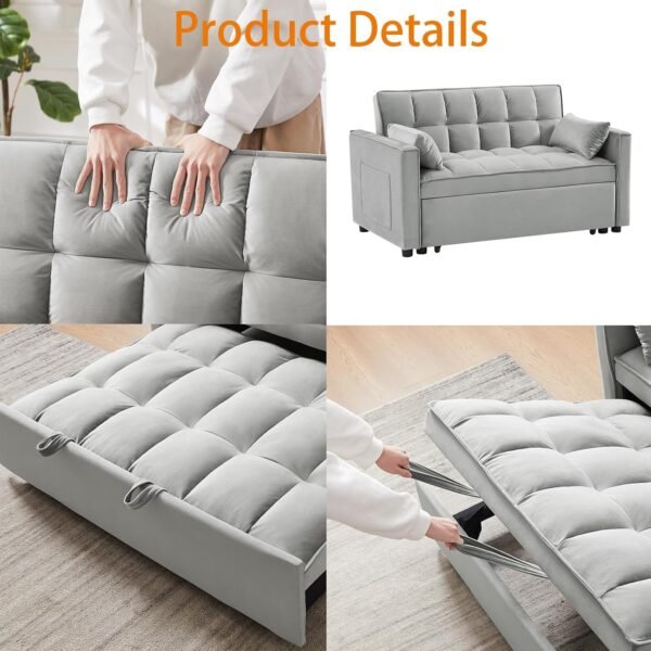 Sleeper Sofa Bed,3 in 1 Convertible Futon Sofa Couch Pull Out Bed,Love Seat Lounge Sofa with Reclining Backrest,Furniture Sleeper Chair for Living Room (Grey) - Image 6