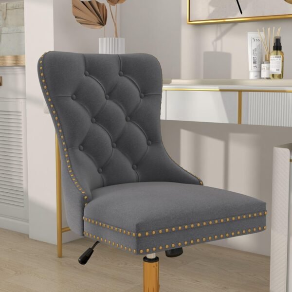 ABET Desk Chair with Wheels, Velvet Gold Office Chair Armless Swivel Chair with Tufted High Back Rivet Trim, Comfy Upholstered Ergonomic Computer Chair for Bedroom, Study, Reception Room Grey - Image 8