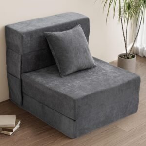 HOMFINE Folding Sofa Bed – Convertible Sleeper Chair with Pillow, Fold Out Couch, Memory Foam Floor Mattress, Futon Couch, Lazy Sofa for Living Room/Dorm/Guest Room/Home Office, Single, Grey