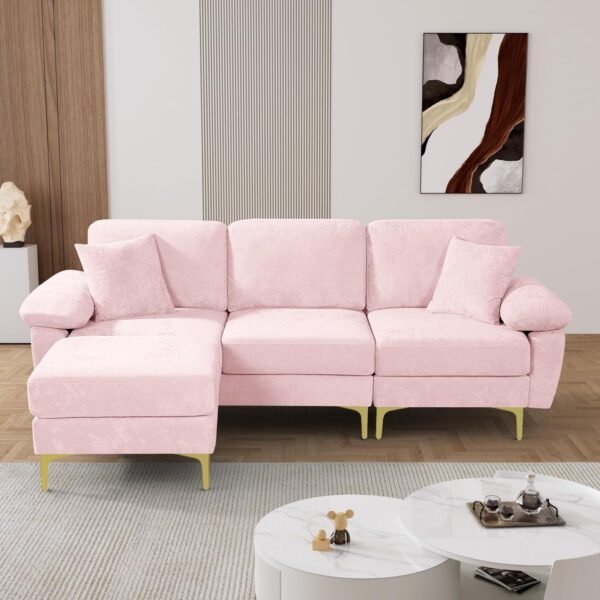 OUYESSIR L Shaped Sectional Sofa Couch, 3 Seat Velvet Sofa with Ottoman and Pillows, Upholstered Comfy Couch Sleeper for Living Room, Bedroom, 88 inches (Pink) - Image 7