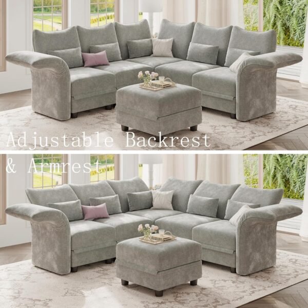 LLappuil L Shaped Modular Sectional Sofa 6 Seater Sectional Couch with Storage Chaise, Deep Sectional Sofas for Living Room with Adjustable Armrest/Backrest, Chenille, Grey - Image 3