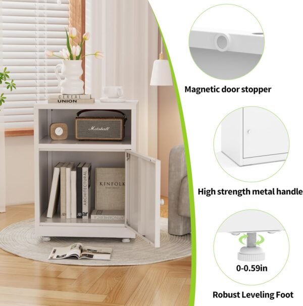 Metal Night Stand, White Bedside Table with Open Shelf, Small Nightstand, Small Dresser, Side Table with Storage for Bedroom and Living Room 19.6" H x 14.9" W x 13.3" D - Image 6