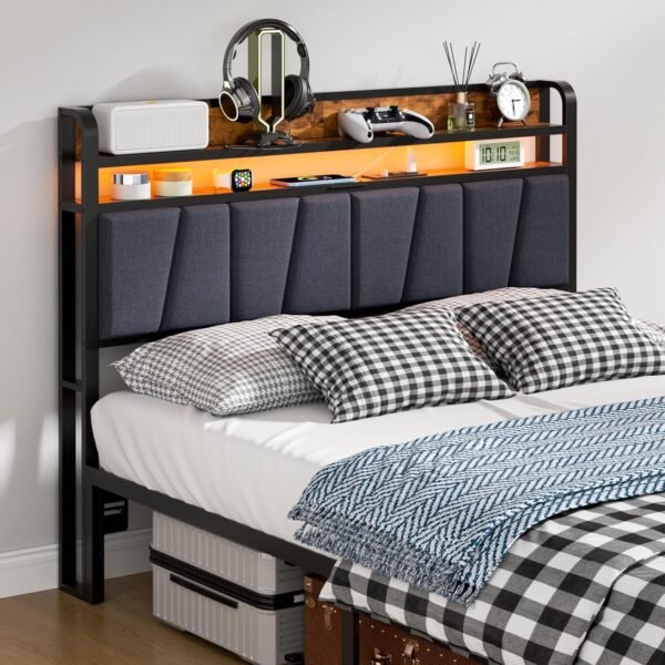 Furnulem Full Size Headboard Storage 2 Tier Headboard with USB Ports for Dorm LED Light College Headboard Shelf Height Adjustable Modern Style Headboard with Charging Station Black - Image 2