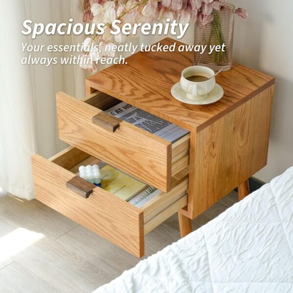 Night Stand, Mid Century Modern Nightstand w/2 Drawers, Cute Small Nightstand, Boho Nightstand, Solid Wood Bedroom Nightstand, Oak Bedside Table, 16.54 W x 15.75 D x 21.65 H Inches(Walnut) - Image 6