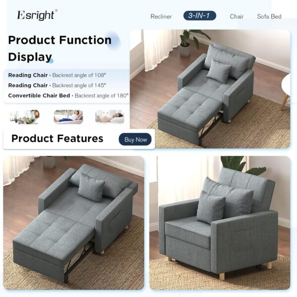 Esright Sleeper Chair Bed, 3-in-1 Convertible Sofa Chair Adjustable Backrest with 2 Throw Pillow, Pull Out Sofa Bed Couch for Living Room, Bedroom, Office Room, Dark Grey - Image 4