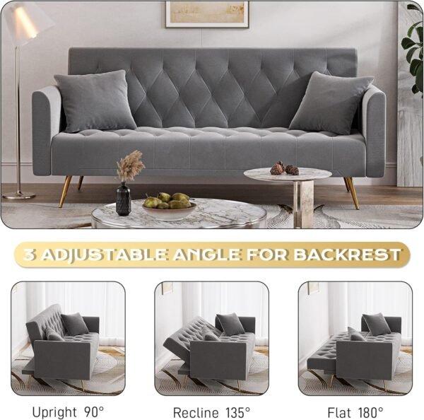 OUYESSIR Velvet Futon Sofa Bed with 2 Pillows, Convertible Futon Small Couch, 71 inch Sleeper Sofa for Bedroom Living Room, Grey - Image 5