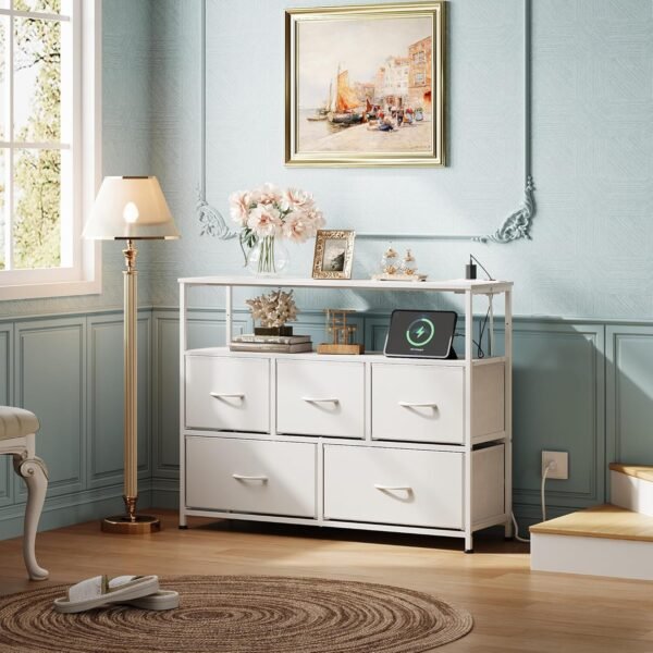 WLIVE White Dresser for Bedroom with 5 Fabric Drawers, Entertainment Center with Open Shelf and Power Outlet for 45 inch TV, Dresser TV Stand with Storage for Closet, Hallway, College Dorm - Image 3