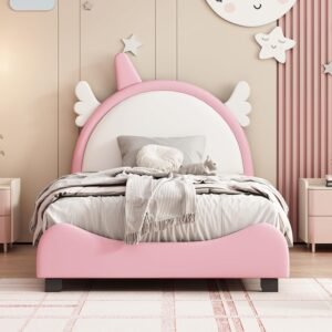 Cute Twin Size Upholstered Bed with Unicorn Shape Headboard,Twin Size Platform Bed with Headboard and Footboard,(Pink 03, Twin)