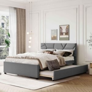 ATY Queen Size Platform Bed with Twin XL-Size Trundle and Headboard, Solid Wood Upholstered Bedframe for Bedroom, Guestroom, Dorm, Gray