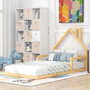 Twin Size Floor Platform House-Shaped Headboard,Solid Wood Bed Frame W/a Chimney,No Box Spring Required,for Bedroom,Apartment,Guest Room,Natural