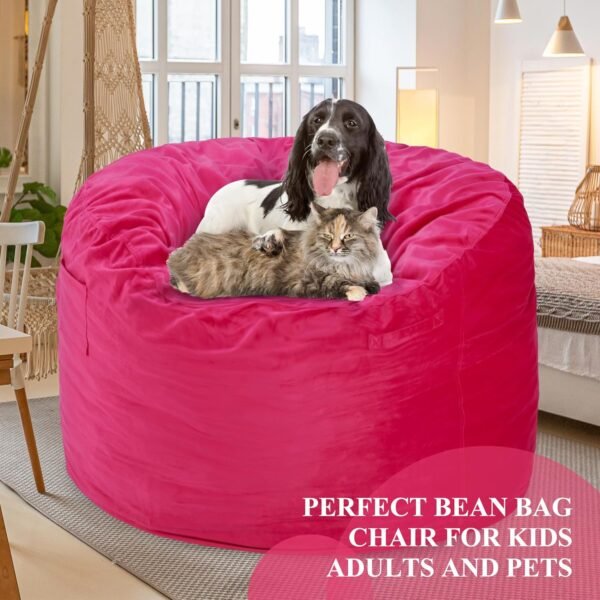 3FT Bean Bag Chairs for Adults with Filling,Big BeanBag Chair with Pocket&Handle,Memory Foam Bean Bags with Velvet Cover for Living Room Bedroom (Pink) - Image 6