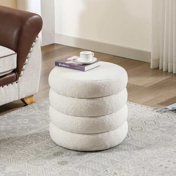 Round Boucle Ottoman with Storage for Dorm, Upholstered Storage Ottoman with Soft Padded Seat, Large Circle Ottoman with Removable Lid, Dorm Decor for College, Living Room, Bedroom, Off White - Image 5
