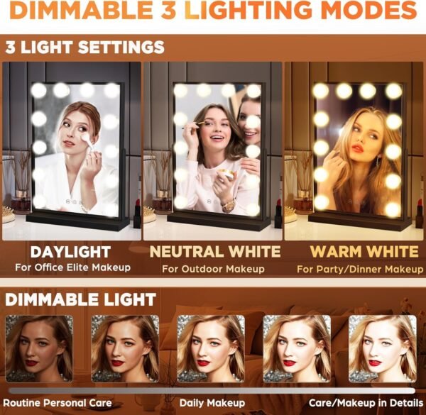 M MIVONDA Vanity Mirror with Lights, Black Lighted Makeup Mirror with 12 LED Bulbs for Desk and Wall, Dimmable 3 Lighting Modes, 360-degree Rotating with USB-C and Charger (16”x12”) - Image 3