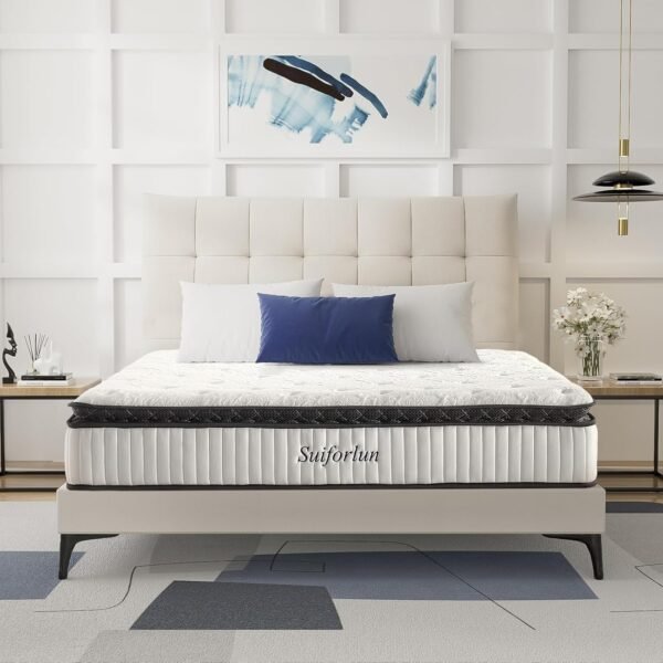 Suiforlun Queen Mattress 12 Inch, Pillow Top Cool Gel Memory Foam Hybrid Mattress with Luxury 7 Layers, Zone Encased Coils Innerspring for Back Pain Relief, Medium Firm, 120 Nights Trial - Image 2