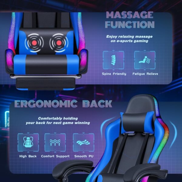 Furmax Gaming Chair with RGB LED Lights, Video Game Chair with Footrest and Massage Lumbar Support, High Back Reclining Computer Chair with Headrest, Swivel Seat Gamer Chair (LED Blue) - Image 7