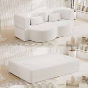 Full Size Folding Sofa Bed, Loveseat Sleeper Couch Floor Sofa Bed with 2 Pillows, Teddy Fabric Fold-Out Twin Sleeper Sofa & Bed Mattress for Living Room, Apartment, Guest Room, Beige