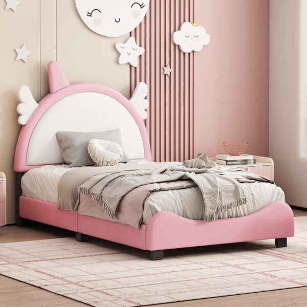 Cute Twin Size Upholstered Bed with Unicorn Shape Headboard,Twin Size Platform Bed with Headboard and Footboard,(Pink 03, Twin) - Image 3