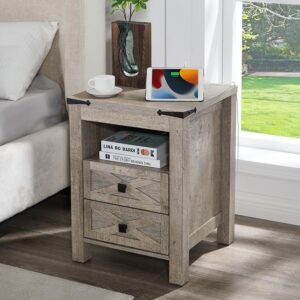 Nightstand with Charging Station, 2 Drawers End Table, 18″ Wood Side Table, Farmhouse Bedside Table with Storage Shelf, Bedroom Organizer, Living Room, Entryway, Hallway, Light Rustic Grey Oak