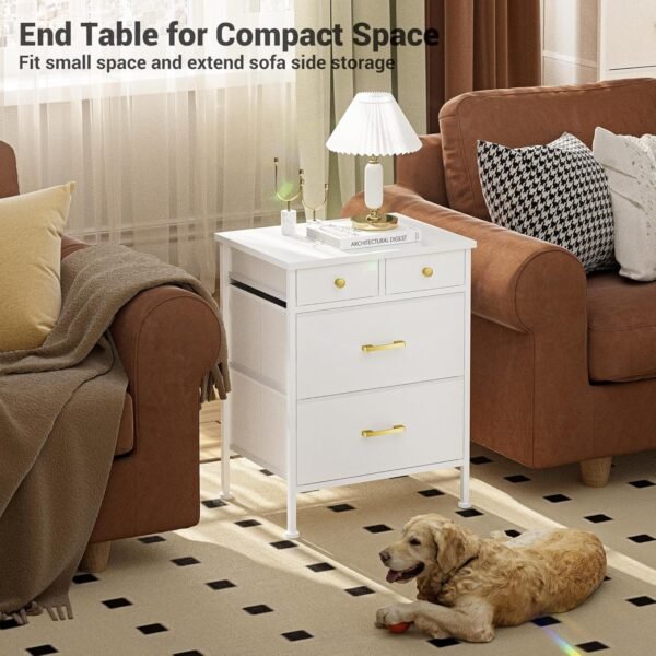 Nightstand, Small Dresser, Bedside Furniture, White Night Stand End Table with 4 Fabric Drawers for Bedroom, Leather Finish & Wood Top, White - Image 4