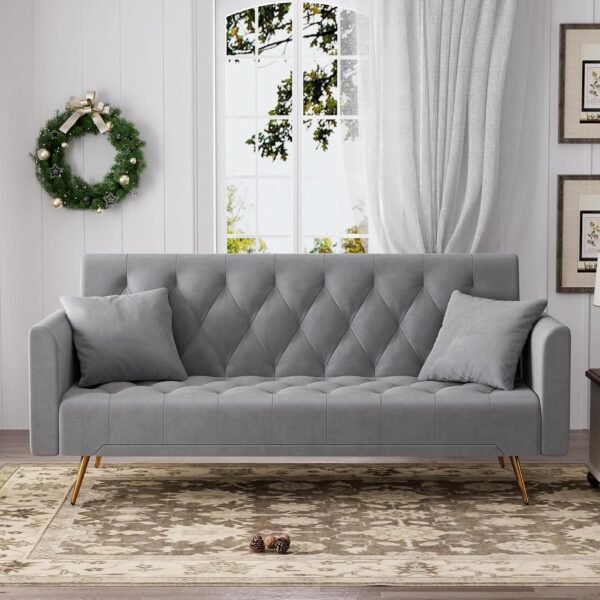 OUYESSIR Velvet Futon Sofa Bed with 2 Pillows, Convertible Futon Small Couch, 71 inch Sleeper Sofa for Bedroom Living Room, Grey - Image 6