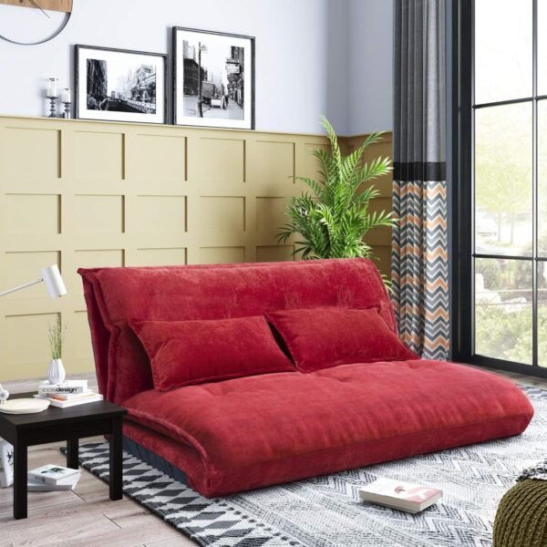 Knocbel Floor Gaming Sofa Chair Folding Mattress Bed Adjustable 5-Position Backrest Comfort Chaise Lounge with 2 Pillows (Red) - Image 2