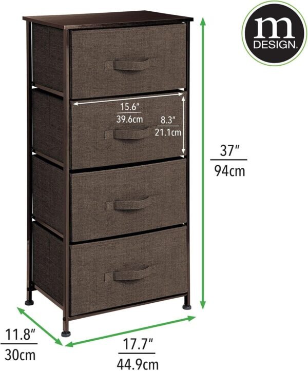 mDesign Tall Dresser Storage Tower Stand with 4 Removable Fabric Drawers - Steel Frame, Wood Top Organizer for Bedroom, Entryway, Closet - Lido Collection - Espresso Brown - Image 4