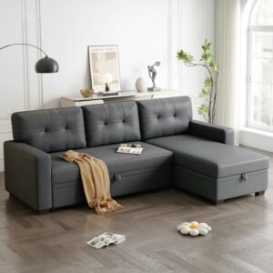 82″ Convertible Sectional Sleeper Sofa with Storage Chaise, L Shaped Pull Out Couch Bed with 3 Tufted Back Cushion for Living Room, Apartment,Office,Dark Gray