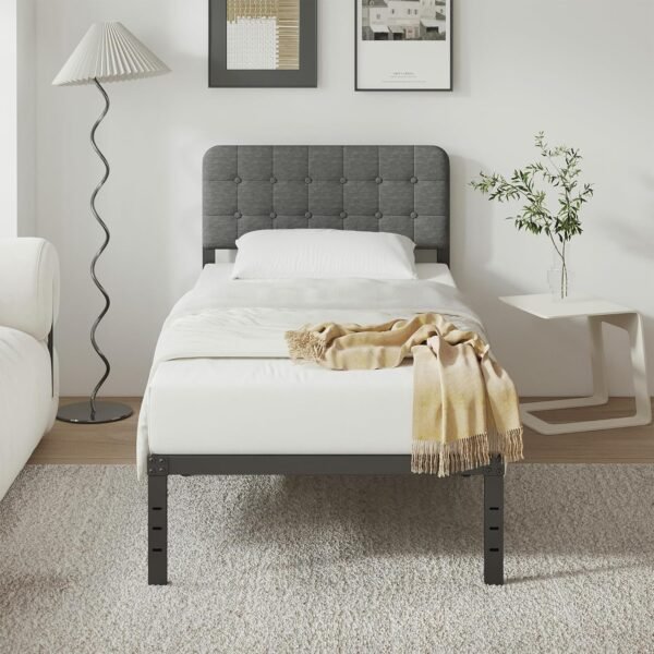 Twin Bed Frames with Upholstery Headboard, 14 Inch Twin Bed Frame No Box Spring Needed Support Up to 2500 lbs, Noise Free, Easy Assembely, Grey - Image 6